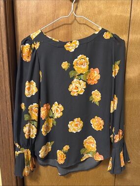 LOFT Black Blouse with Yellow and Orange Rose Print